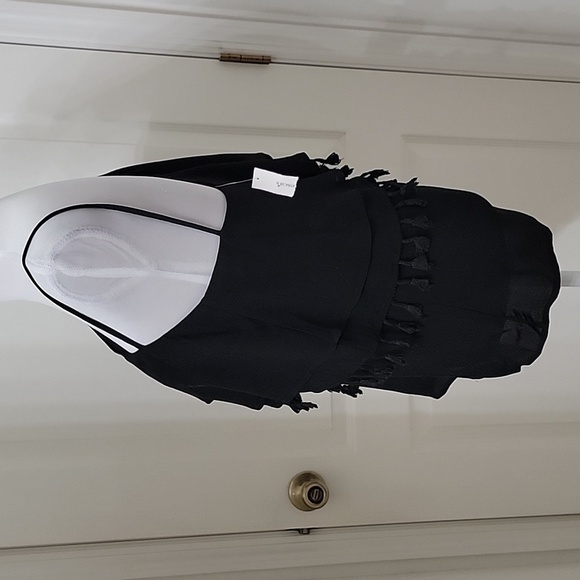 Blue Rain (Francesca's) Black Asymmetrical Ruffle Tassle Spag. Strap Blouse, NEW - Picture 3 of 11